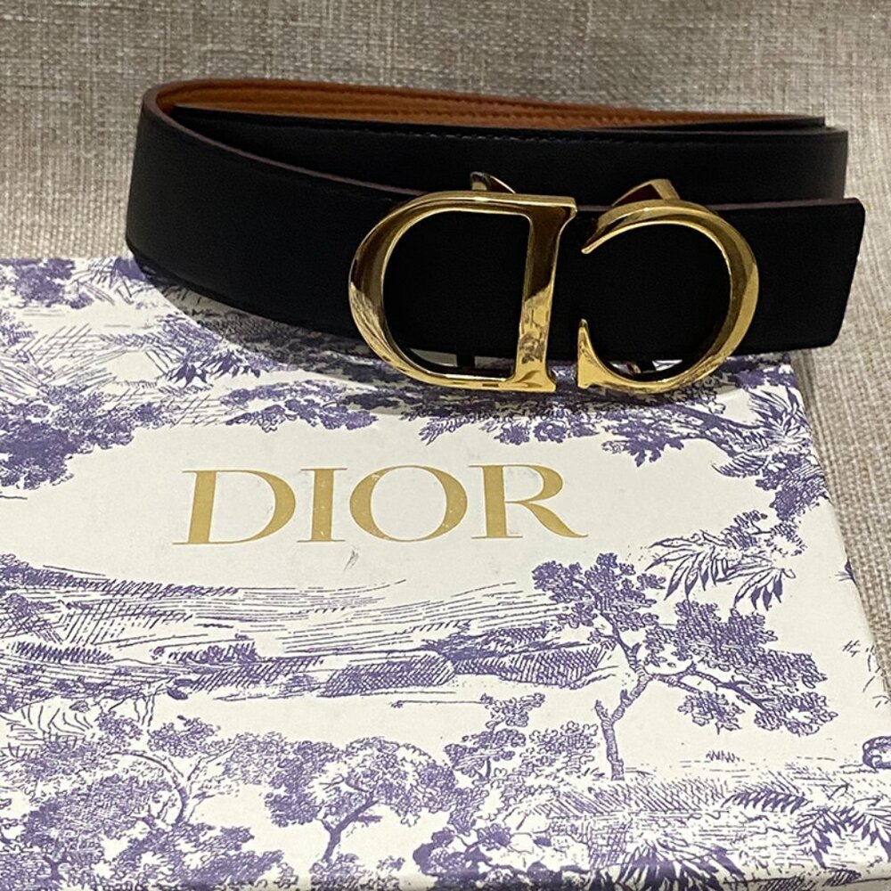 Dior Men's Black Belt With Brown Accents And Signature Gold Cd Metal Buckle